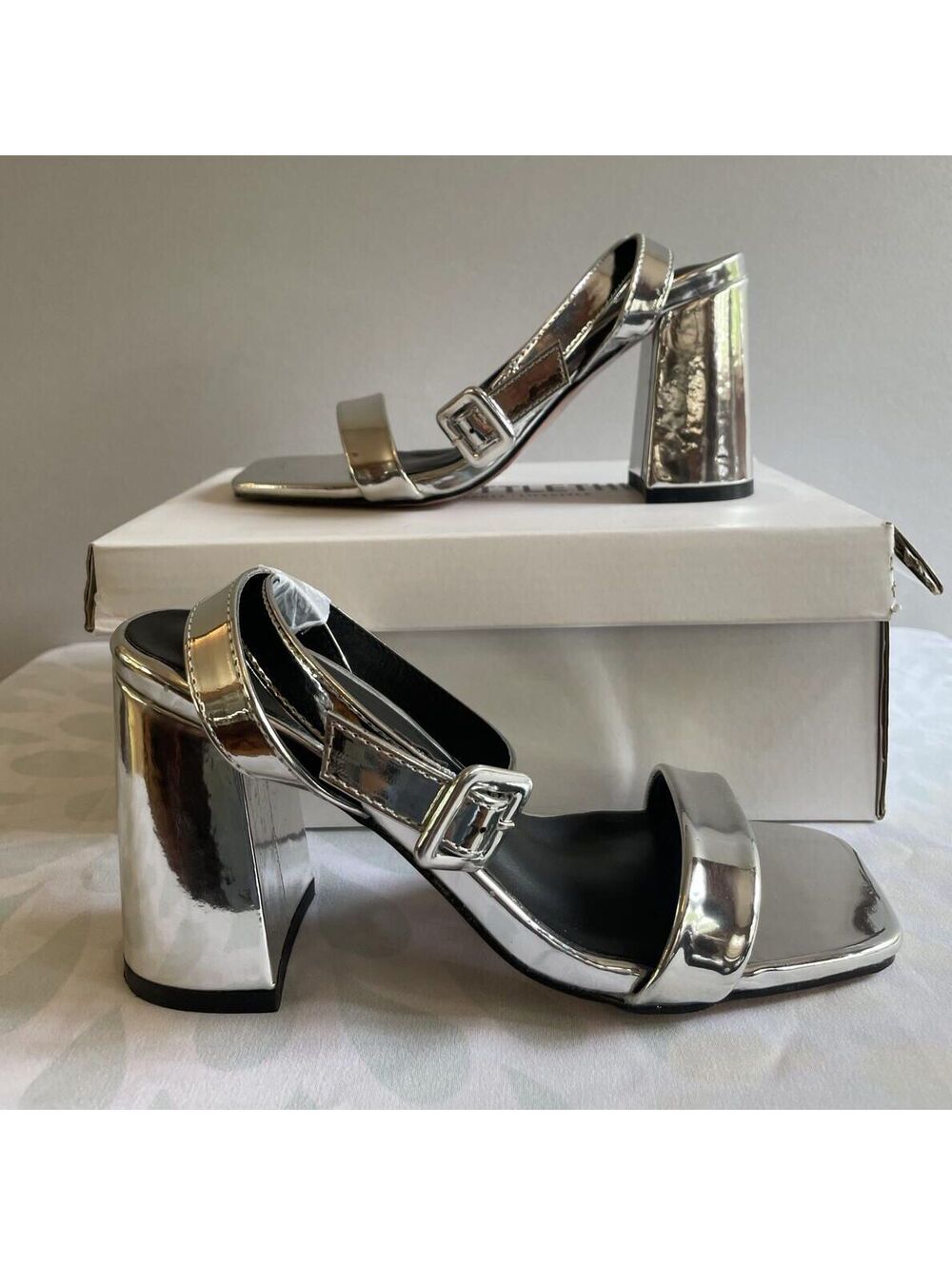 PrettyLittleThing Silver Block Heel Sandals US 5 Square Toe Y2K Disco Glam NEW